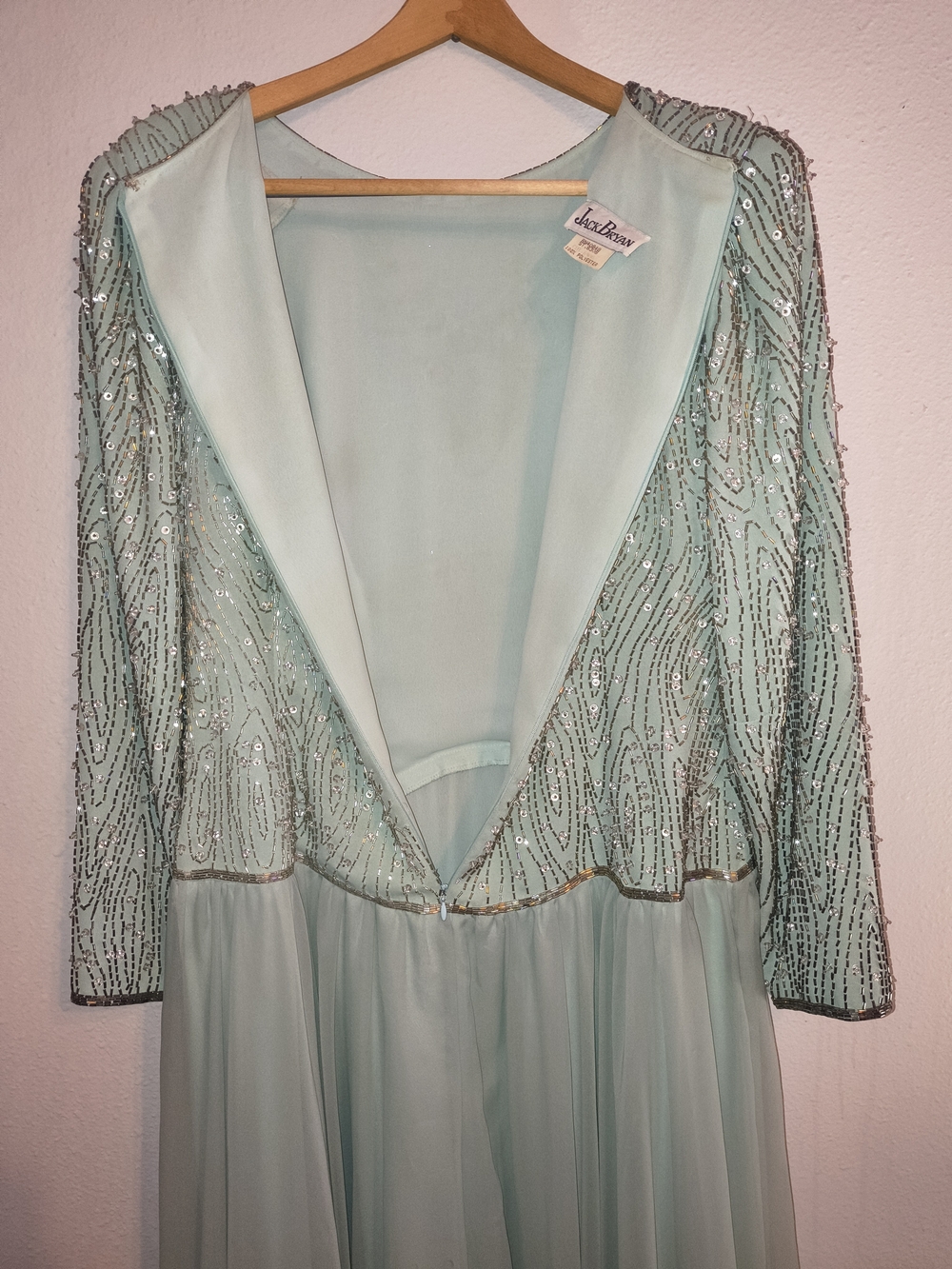 Vintage Jack Bryan Mint Green Beaded Sequin Chiffon Maxi Gown Size L/XL 14 16 - Picture 7 of 10